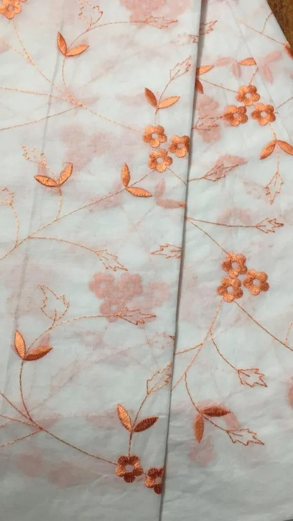 100 % Cotton organdy fabric floral peach colour embroidered single length 2.70 yards 44" wide[9223]