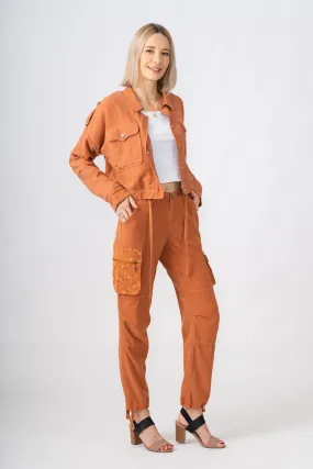 100% Silk crop lined jacket with embroidery in Toffee Brown