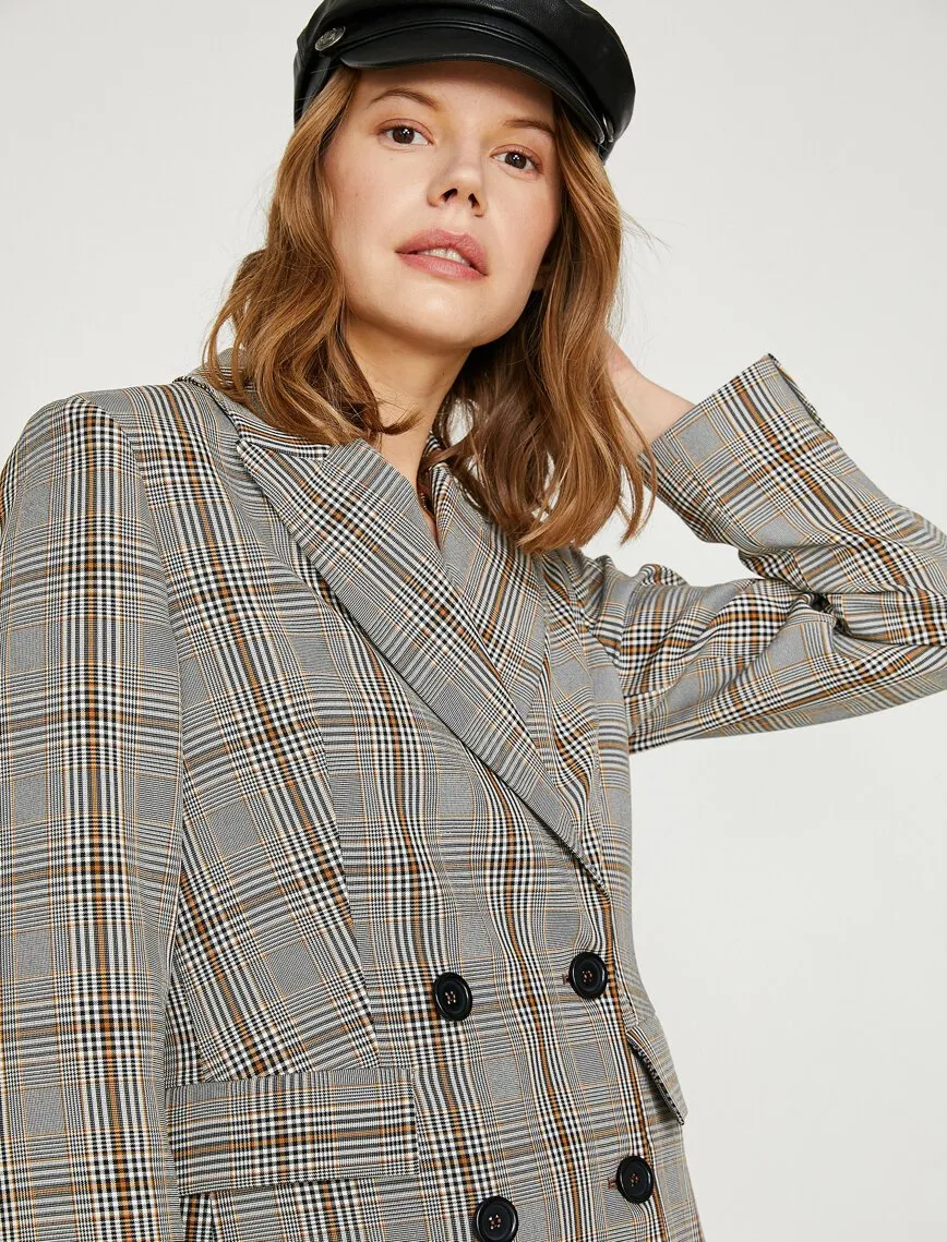 10681 Black-Mustard Double-Breasted Plaid Jacket