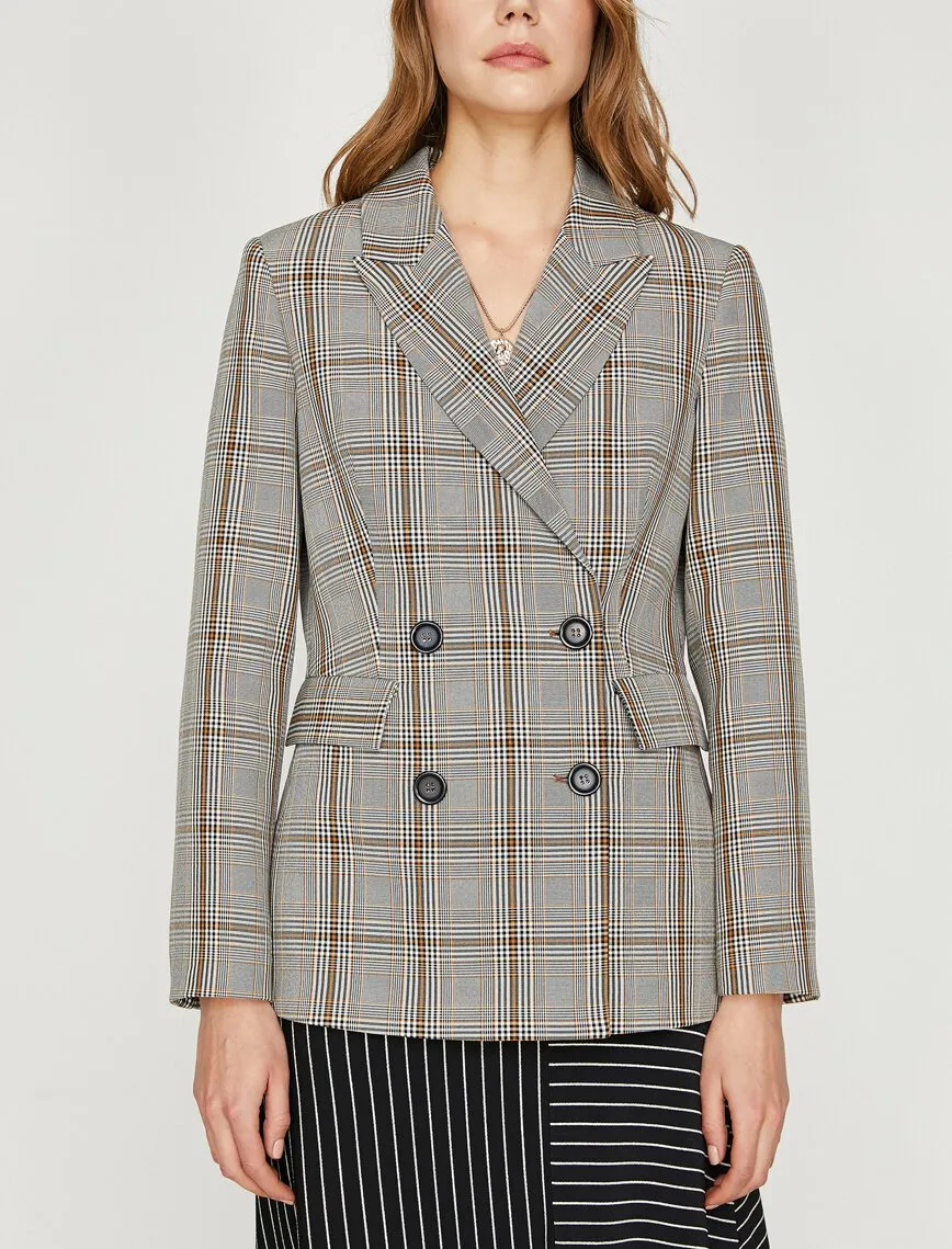 10681 Black-Mustard Double-Breasted Plaid Jacket