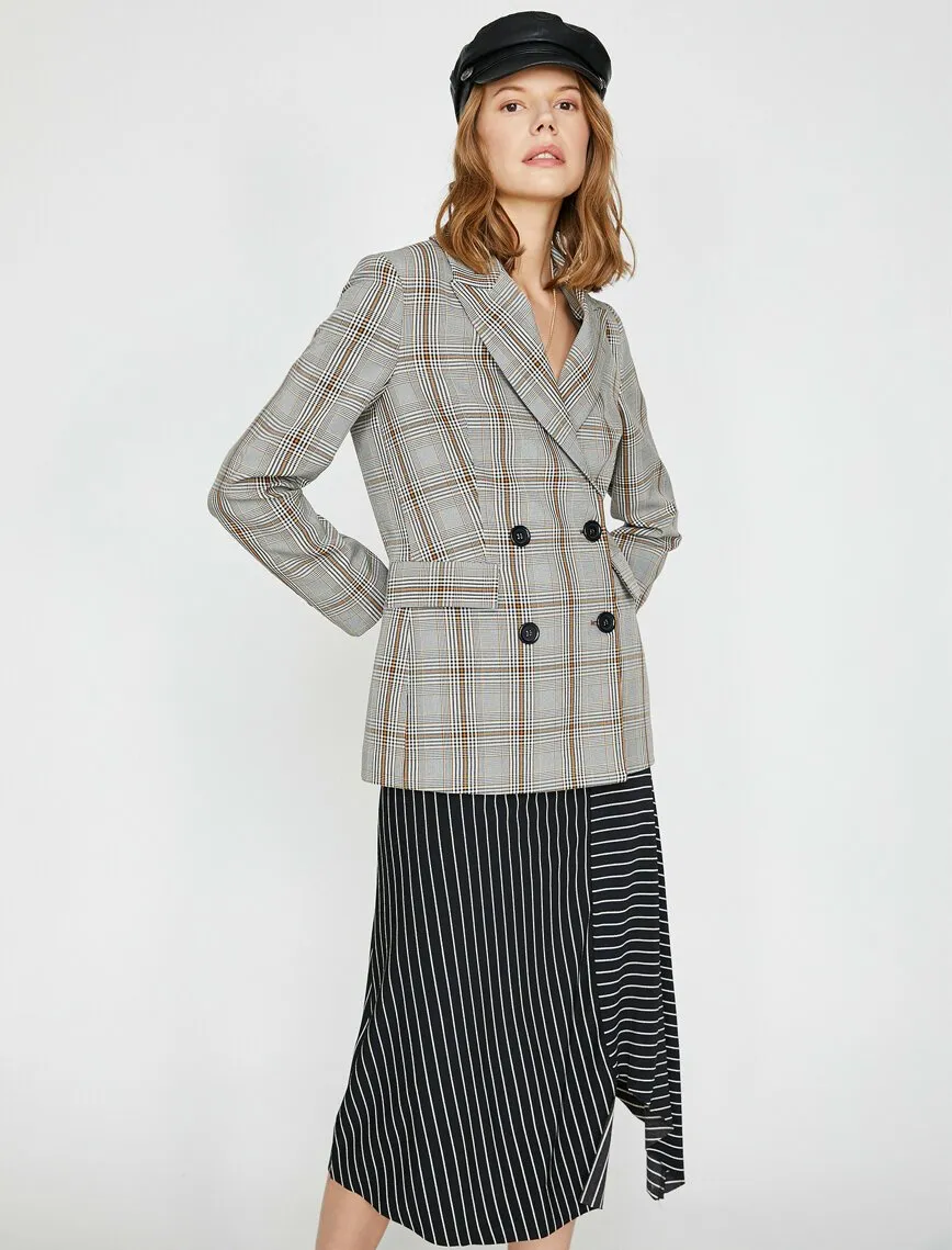 10681 Black-Mustard Double-Breasted Plaid Jacket
