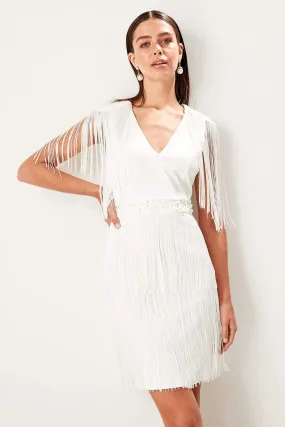 10914 Ecru Pearl Waist Tassel Sheath Dress