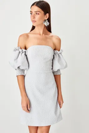 10926 Grey Off-Shoulder Puffy Sleeve Dress