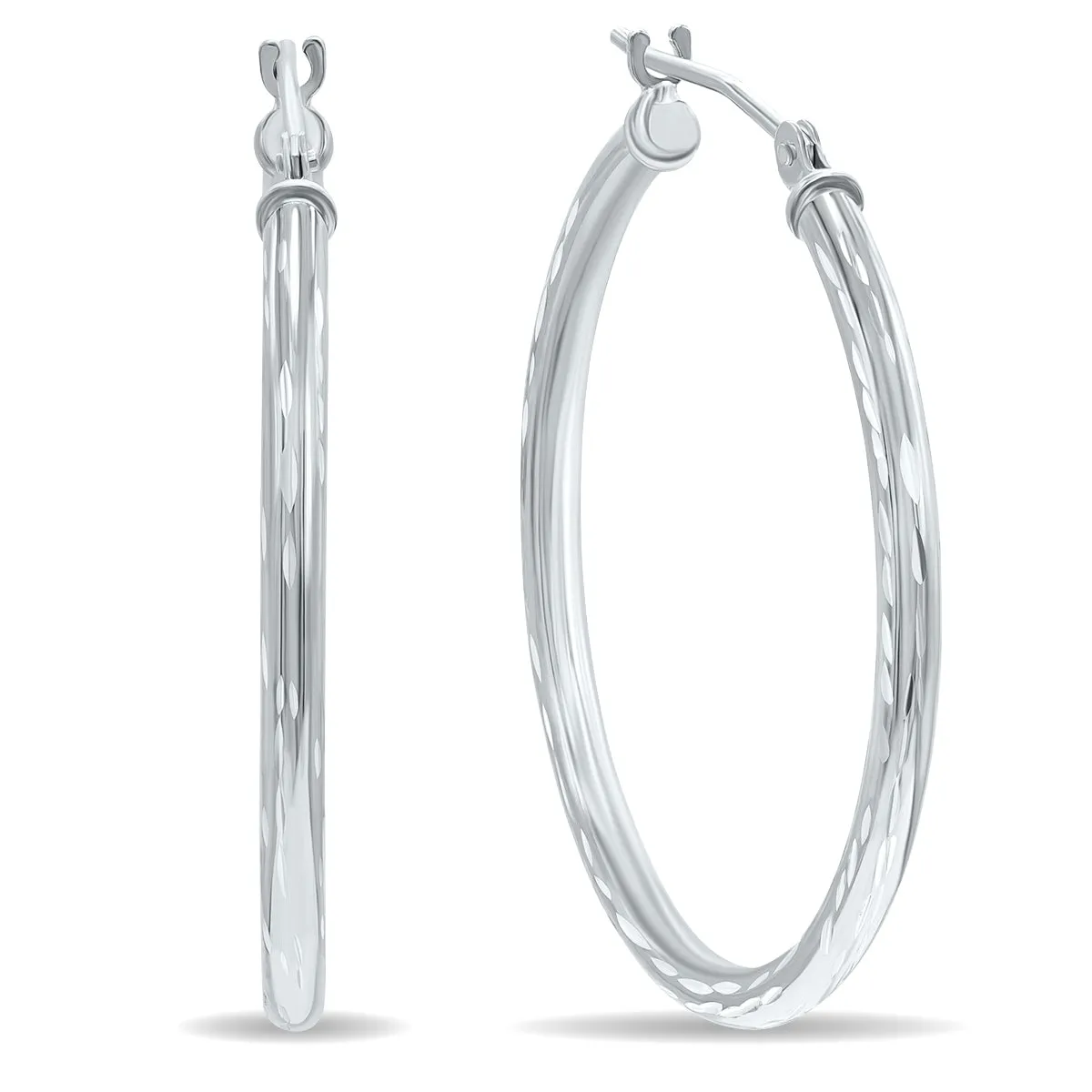 10K White Gold Shiny Diamond Cut Engraved Hoop Earrings (30Mm)