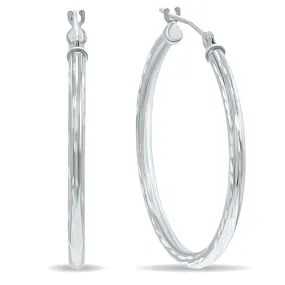 10K White Gold Shiny Diamond Cut Engraved Hoop Earrings (30Mm)