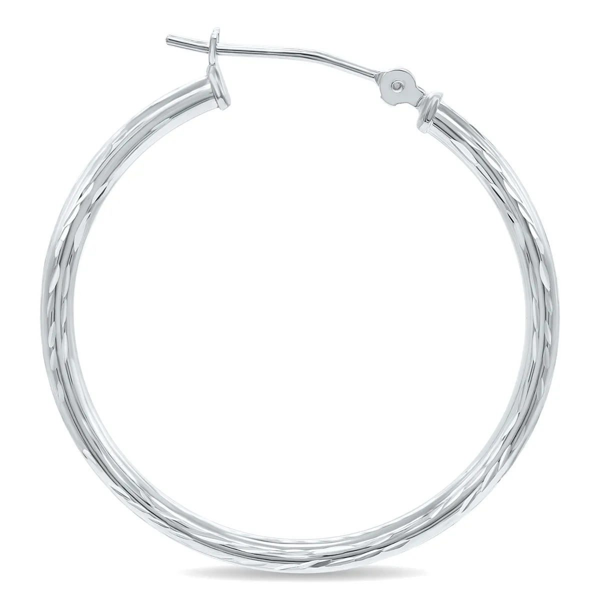 10K White Gold Shiny Diamond Cut Engraved Hoop Earrings (30Mm)