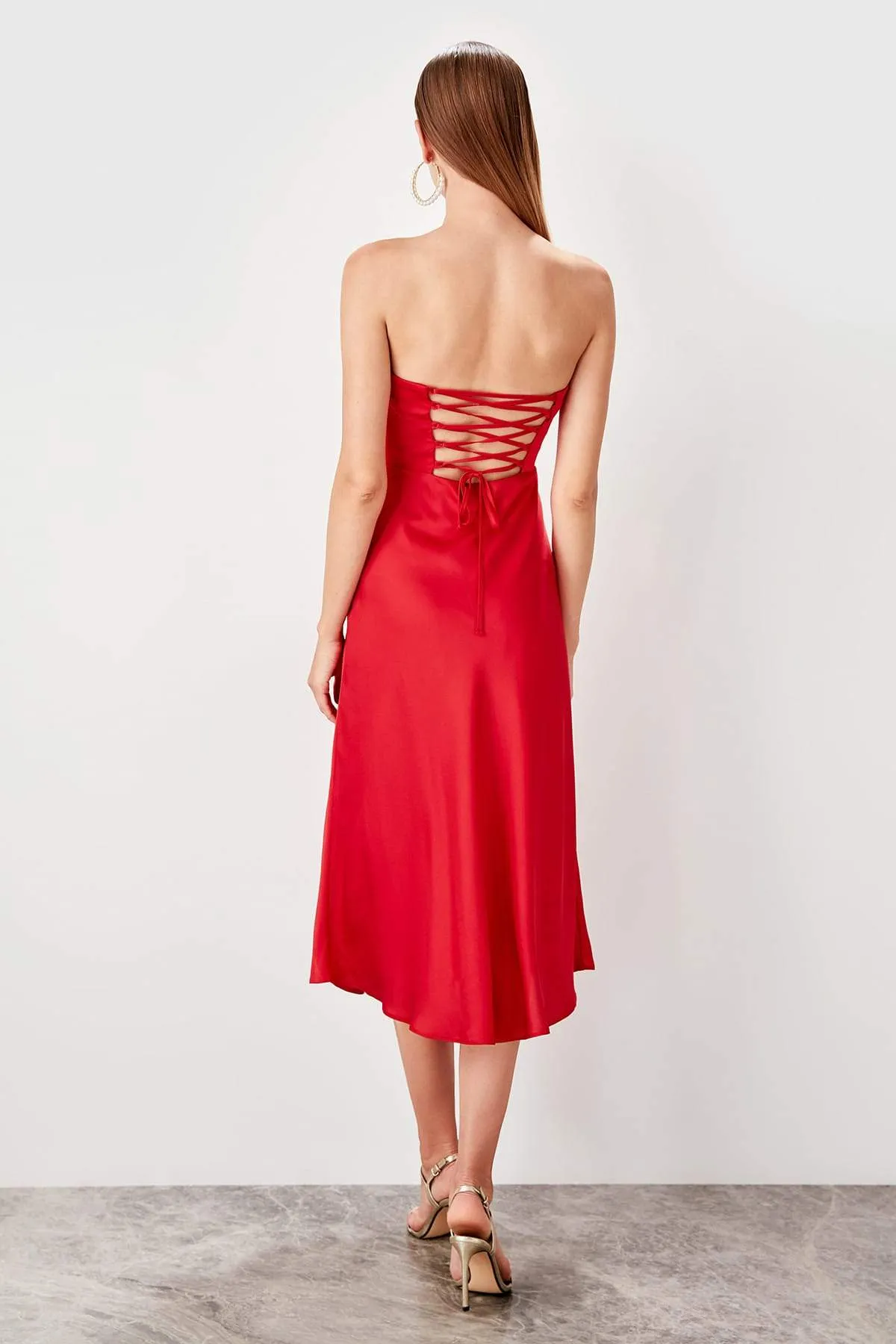 11611 Red Strapless Midi Dress