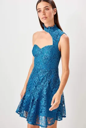 11638 Petrol Blue One Shoulder Lace Dress