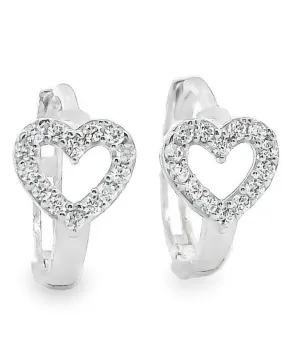 14K White Gold Open Heart Huggie Hoop Earrings With CZ