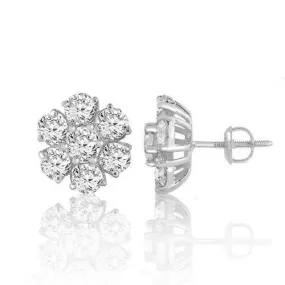 14K White Solid Gold Round Cut Prong Diamond Cluster Earrings 1.30 Ctw