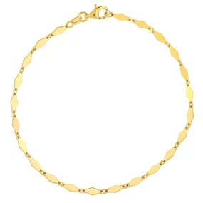 14K Yellow Gold Diamond Shaped Flat Link Chain Bracelet with Lobster Lock, 7.25"