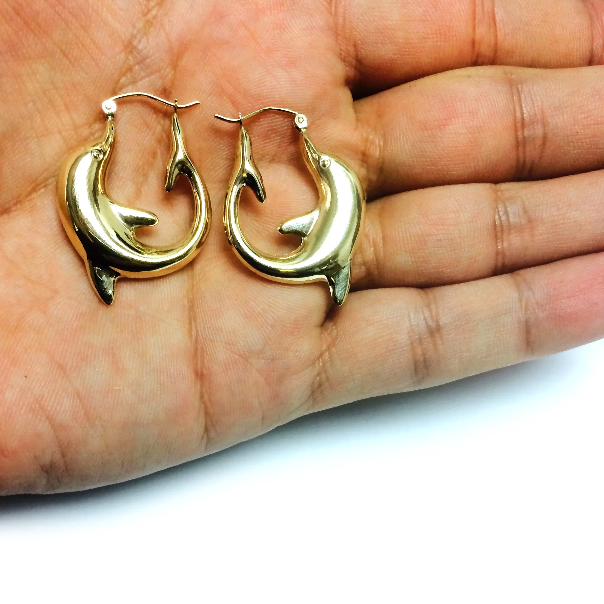 14K Yellow Gold Shiny Dolphin Hoop Earrings, Diameter 22mm