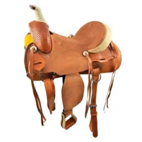 16" MEDIUM OIL HARD SEAT ROPER STYLE SADDLE WITH ROUGH OUT FENDERS & JOCKEYS WITH BASKET STAMP TOOLING