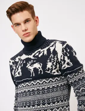 17338 Navy Deer Patterned Jumper