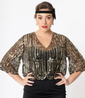 1920s Black & Gold Three Quarter Sleeve Sequin Bolero