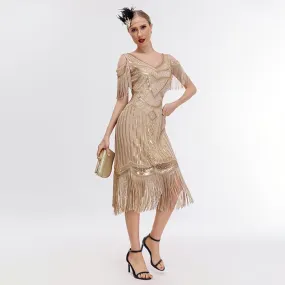 1920s Flapper Dress Vintage Cold Shoulder Fringes Gatsby Dress