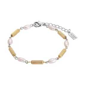 1928 Jewelry Faux Pearl Rice Bead & Cylindrical Gold Tone Bead Link Bracelet 7"   1.5" Extension