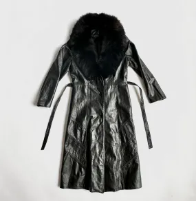 1970s Black Leather Belted Trench Jacket with Fur Collar