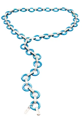 1970s Yves Saint Laurent Blue Lucite Ring Chain Belt w/ Silver Links