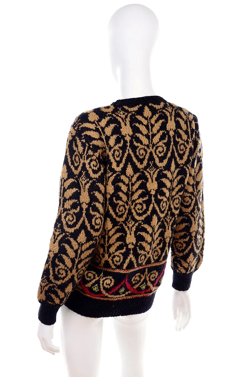 1990s Lena Stengard Black Wool Sweater w/ Botanical Gold Designs
