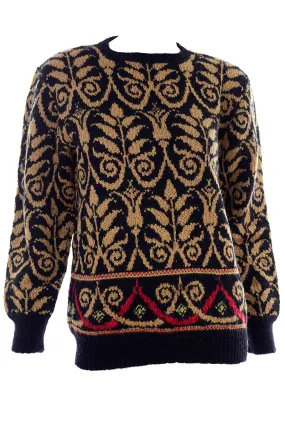 1990s Lena Stengard Black Wool Sweater w/ Botanical Gold Designs