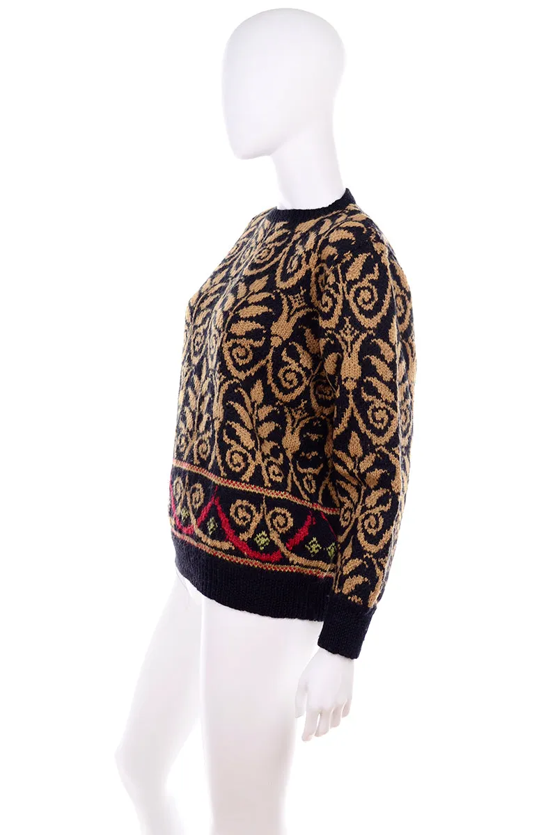 1990s Lena Stengard Black Wool Sweater w/ Botanical Gold Designs