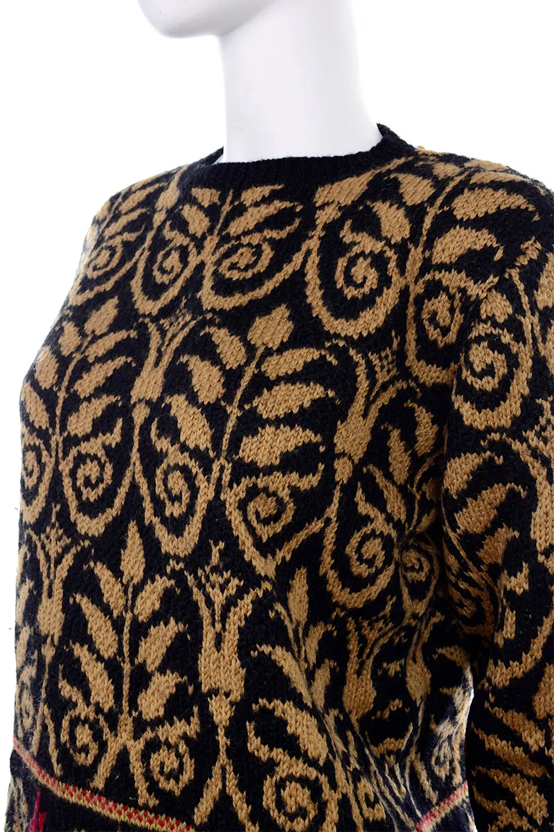 1990s Lena Stengard Black Wool Sweater w/ Botanical Gold Designs