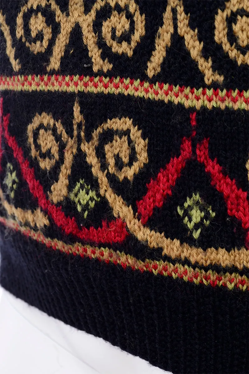 1990s Lena Stengard Black Wool Sweater w/ Botanical Gold Designs