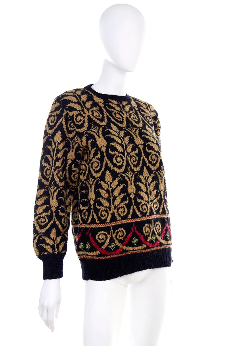1990s Lena Stengard Black Wool Sweater w/ Botanical Gold Designs