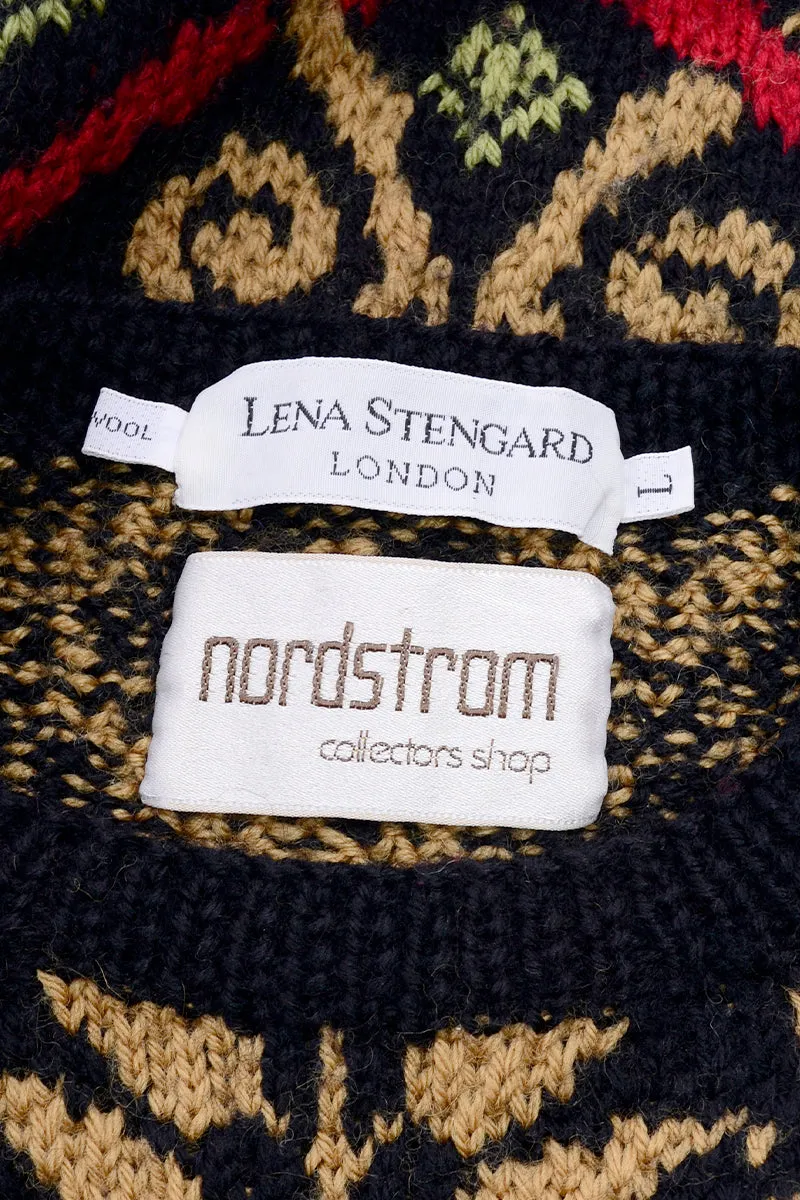 1990s Lena Stengard Black Wool Sweater w/ Botanical Gold Designs
