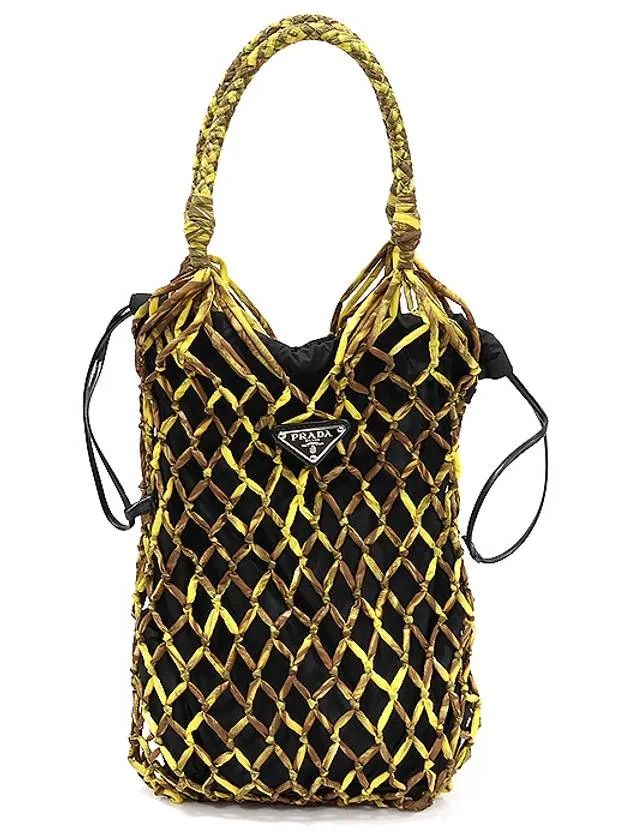 1BC092 Black Tesuto Nylon Silver Triangle Printed Net Mesh Bucket Tote Bag