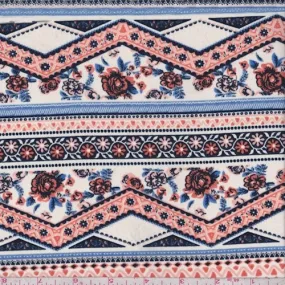 2 1/2 YD PC-Bone/Clay/Blue Floral Chevron Challis Fabric