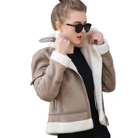 2017 Shearling Sheepskin Coats Women Thick Suede Jackets Women Autumn Winter Lambs Wool Short Motorcycle Coats UV3001