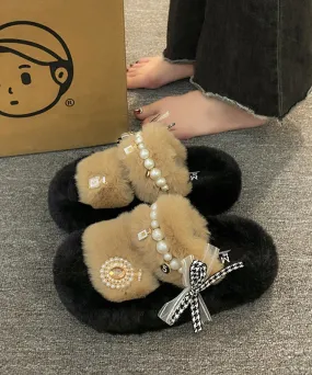 2023 New Khaki Nail Bead Bow Platform Teddy Slide Sandals ML1683