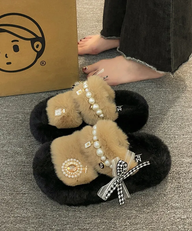 2023 New Khaki Nail Bead Bow Platform Teddy Slide Sandals ML1683