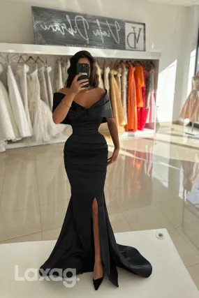 22243 - Off Shoulder Draped Sleek Satin Mermaid Prom Formal Evening Dress with Slit