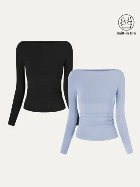 2Pcs Set Modern Side Ruched Boatneck Brami Top
