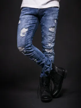 2Y Men Slim Fit Ripped Destroyed Black Star Jeans - Blue