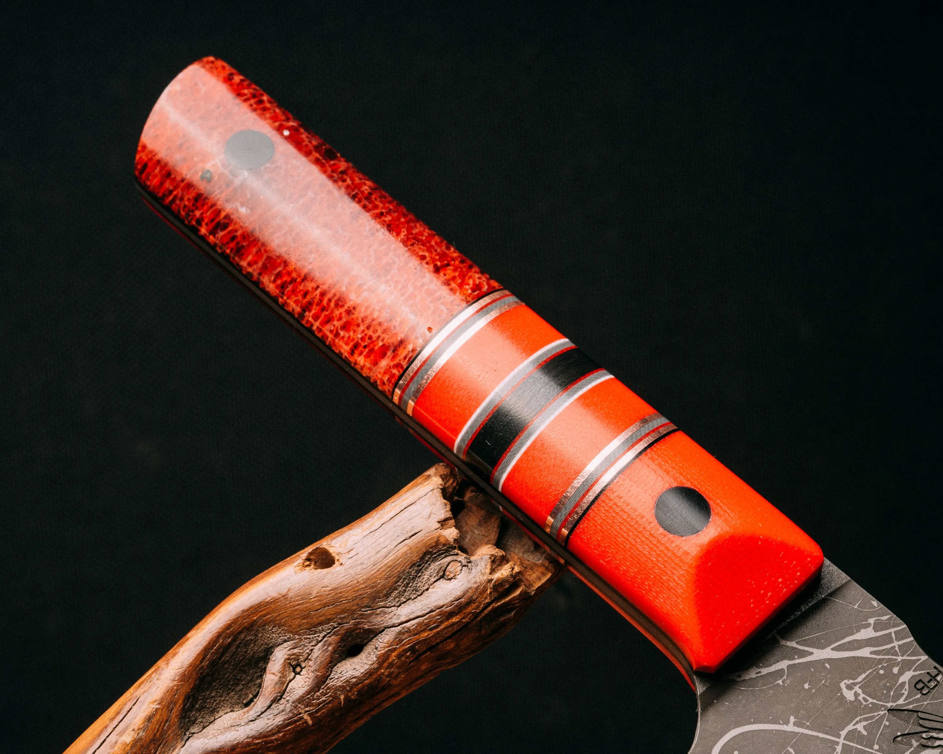 3-piece Chef Set - Cherry G10, black G10, bronze, cherry G10 and grey G10 pin striping, cherry G10 and black G10 split, dyed giraffe bone and resin, CF pins, smooth grip