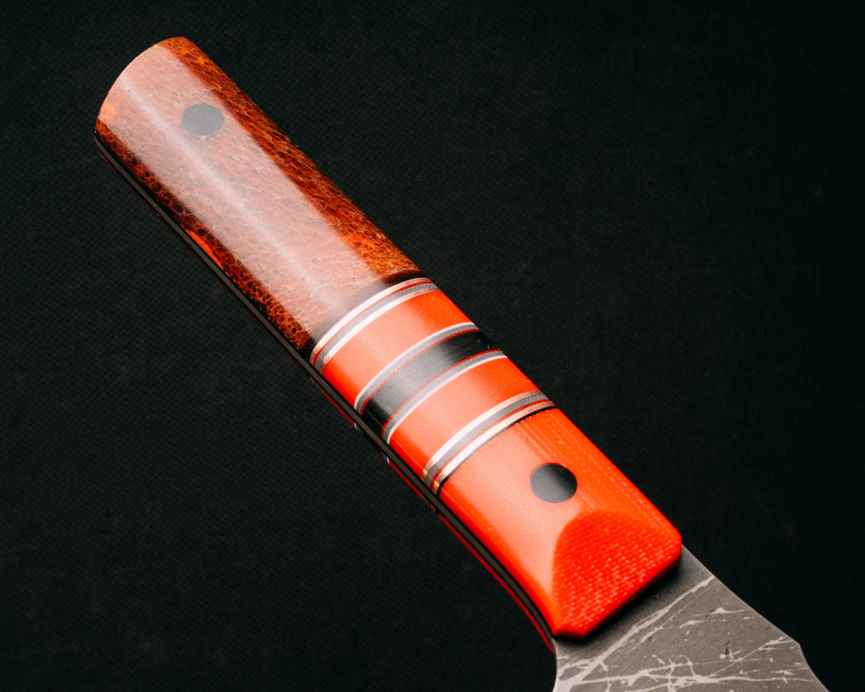 3-piece Chef Set - Cherry G10, black G10, bronze, cherry G10 and grey G10 pin striping, cherry G10 and black G10 split, dyed giraffe bone and resin, CF pins, smooth grip