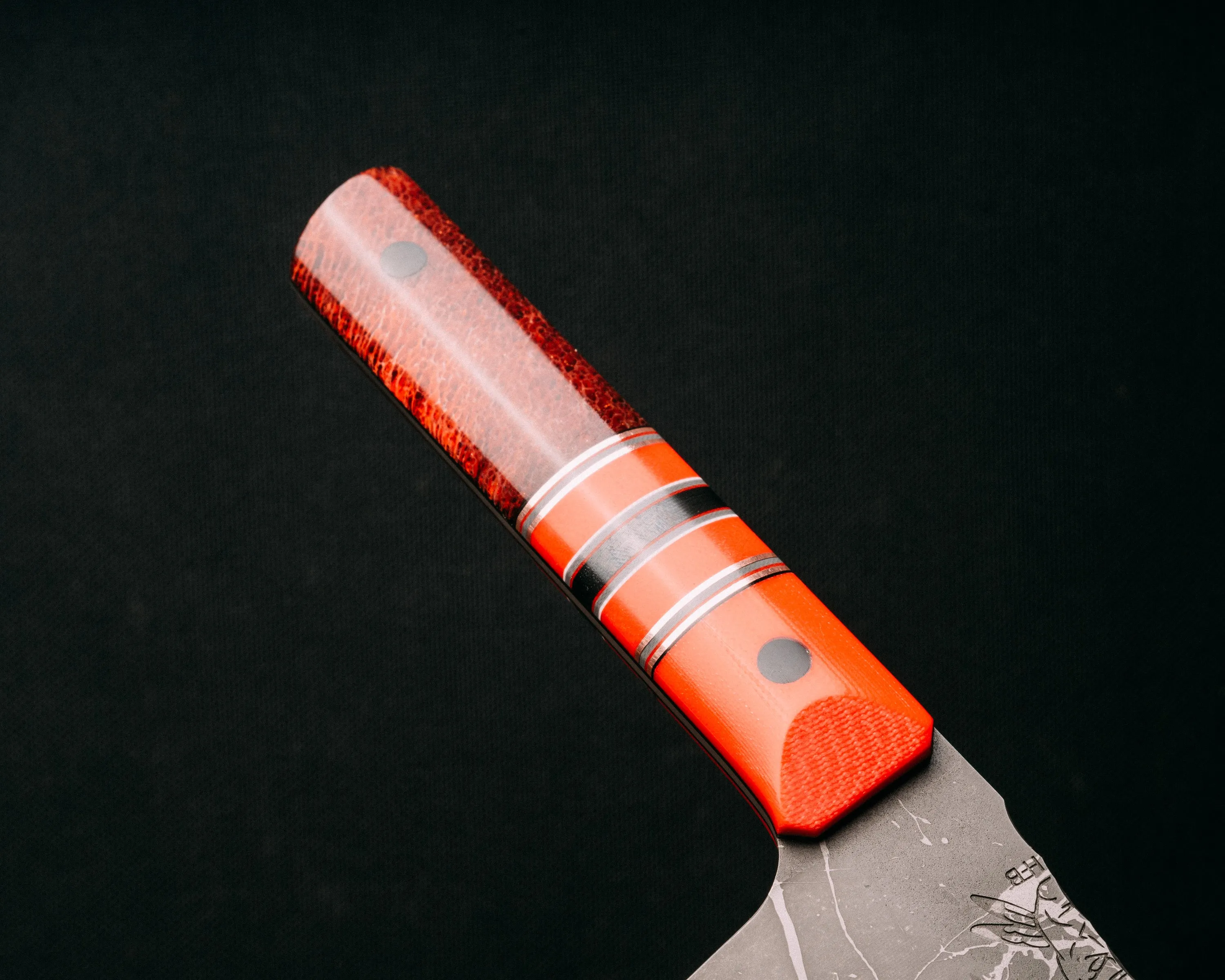 3-piece Chef Set - Cherry G10, black G10, bronze, cherry G10 and grey G10 pin striping, cherry G10 and black G10 split, dyed giraffe bone and resin, CF pins, smooth grip