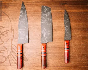 3-piece Chef Set - Cherry G10, black G10, bronze, cherry G10 and grey G10 pin striping, cherry G10 and black G10 split, dyed giraffe bone and resin, CF pins, smooth grip