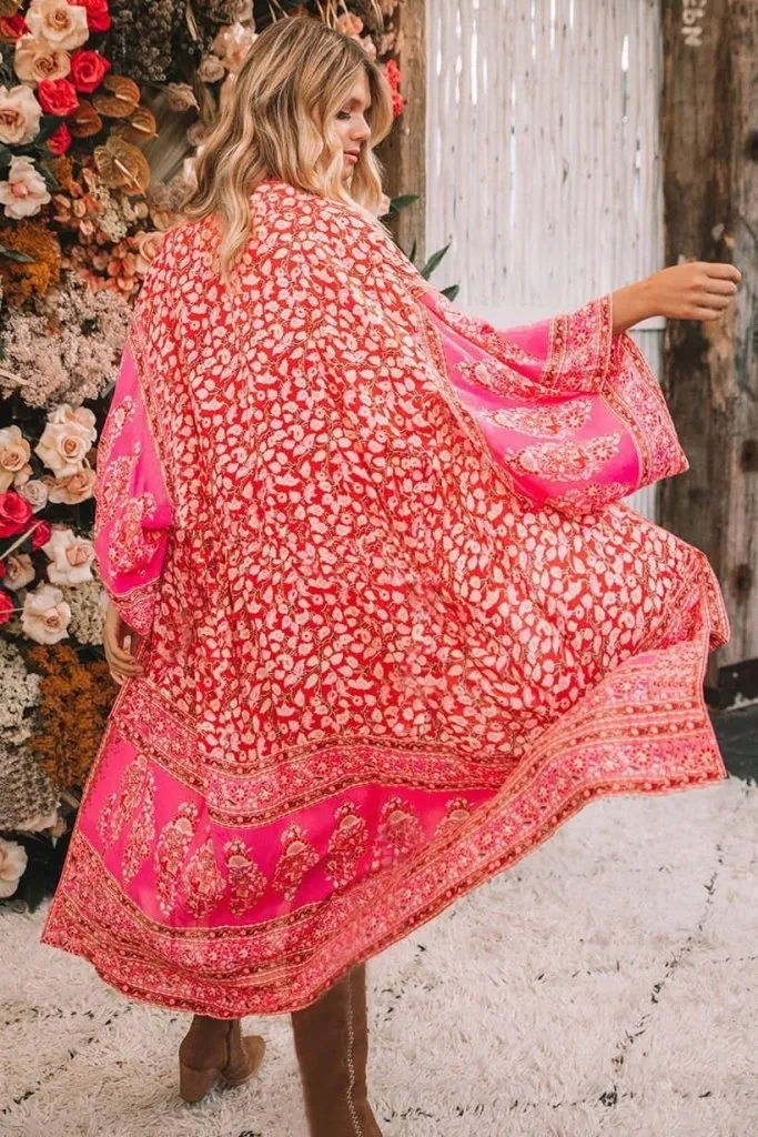 3/4 Sleeve Red Chiffon Floral Kimono Cardigan