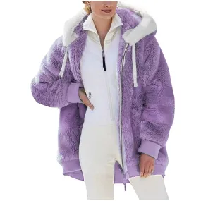 50% Off Clear!Fashion Oversize Winter Coats for Women, Women Plus Size Winter Warm Loose Plush Zip Hooded Jacket Coat Deals Gift for Women