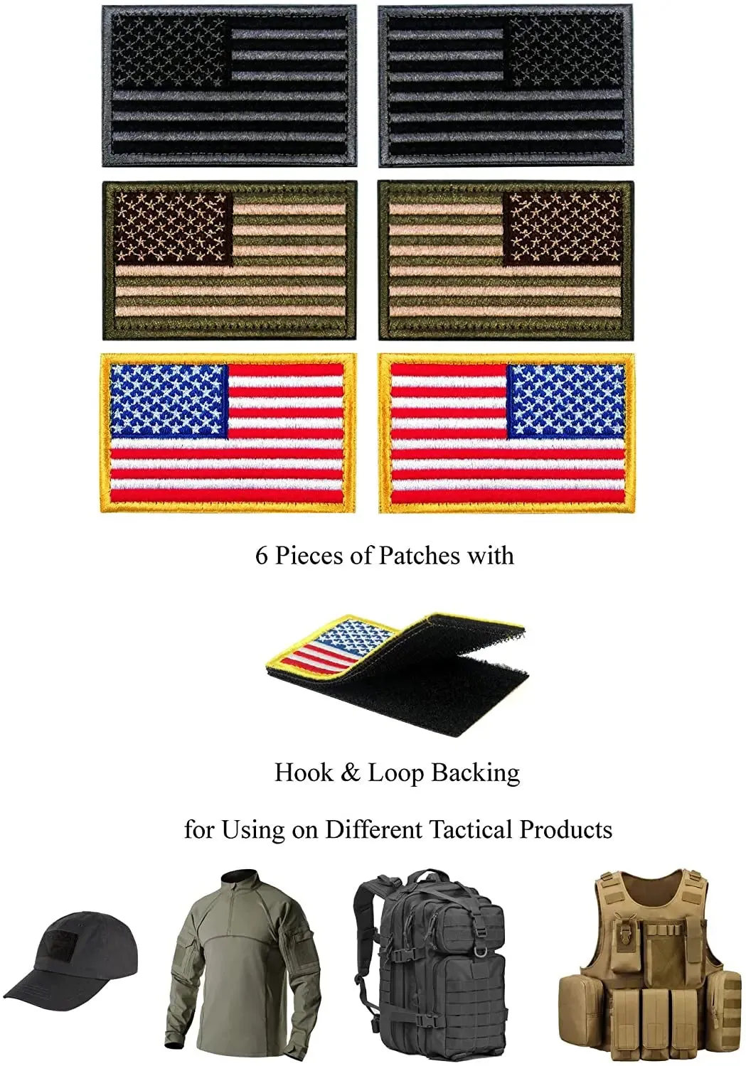 6 PCS Tactical Patches of USA US American Flag Regular and Reverse,