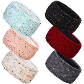 6 Pieces Winter Cable Knit Headband Fleece Lined Winter Ear Warmer Headband Wrap for Christmas Valentine’s Day Giving(Vintage Colors)