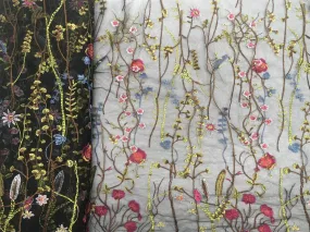 60 inch Floral Embroidered Overlay Tulle- Black Tulle with Pink Yellow Green Flowers
