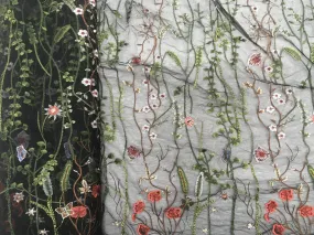 60 inch Floral Embroidered Overlay Tulle- Black Tulle with Red Green Flowers
