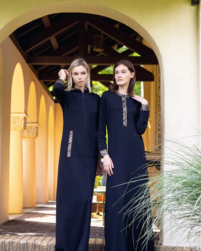 604 Zebra Print Black Cotton Zippered Morning Robe