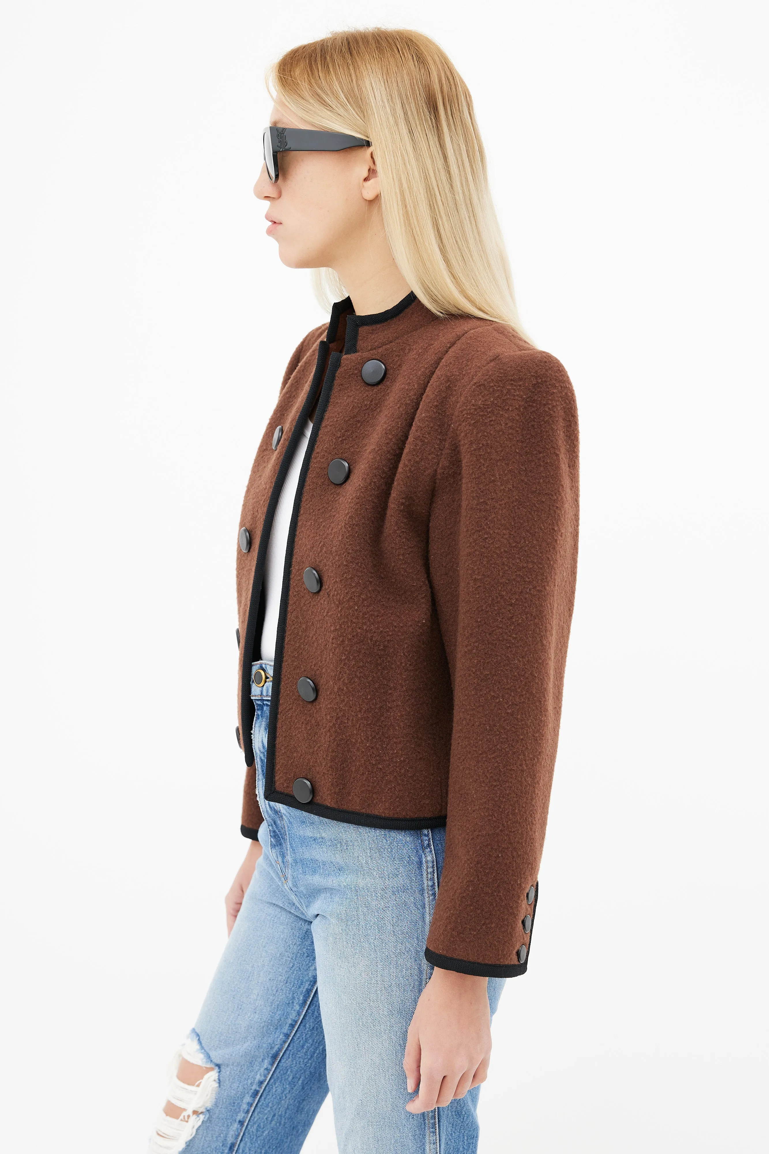 80s Brown Wool & Black Trim Cropped Blazer